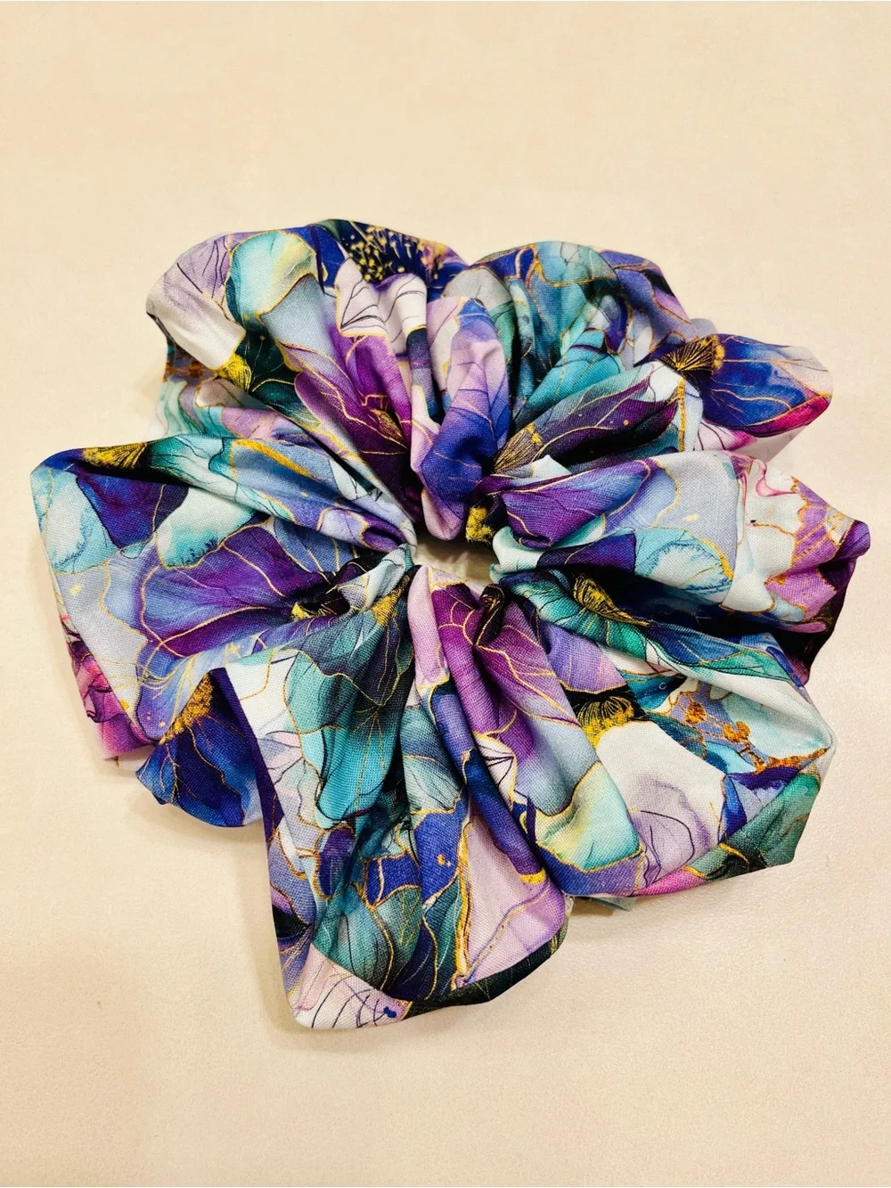 Handmade Watercolor Teal Purple Metallic Gold Floral Scrunchies